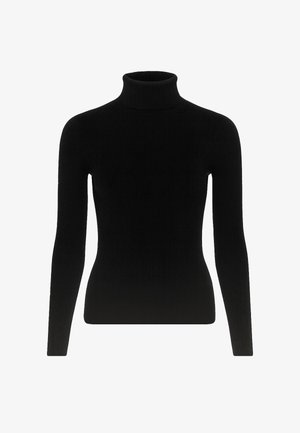 Czarny prążkowany sweter z długim rękawem typu golf o dopasowanym kroju i wysokim kołnierzu.