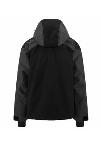 Giacca nera con cappuccio grigio a motivi e dettagli sulle spalle. Presenta una vestibilità ampia e polsini elastici per il massimo comfort.
