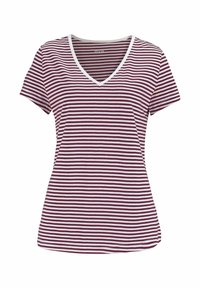 V-neck t-shirt in burgundy and white stripes. Short sleeves, soft cotton fabric, and a white trim around the neckline. Casual fit.