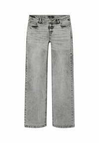 Jeans a gamba larga in denim grigio chiaro con una finitura sbiadita. Presenta cinque tasche e una chiusura con bottone. Vita piatta con passanti per la cintura.