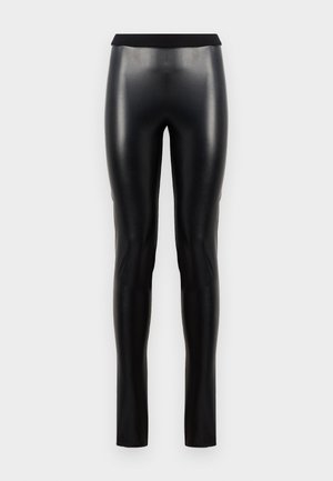 Sorte leggings i kunstlæder med en glat overflade, tætsiddende silhuet og bred talje. Ingen synlige sømme eller mønstre.