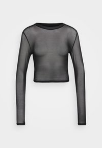 Czarny, długi rękaw, siateczkowy crop top z okrągłym dekoltem i czarnymi detalami przy brzegu. Przezroczysta faktura, dopasowany krój i minimalna rozciągliwość.