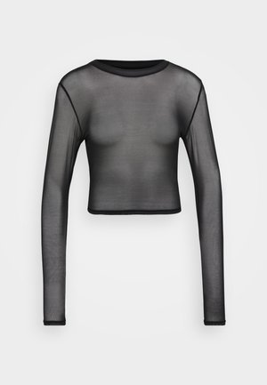 Top scurt din plasă neagră, cu mânecă lungă, guler rotund și detalii negre la tiv. Textură transparentă, design ajustat și elasticitate redusă.