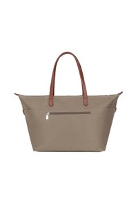 Borsa tote beige con manici in pelle marrone, tasca frontale con zip e design strutturato; realizzata in materiale resistente e testurizzato.