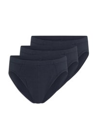 Drei Paare von dunkelblauen Baumwollslips, glatte Textur, klassischer Schnitt mit mittelhohem Bund, minimaler Naht und ohne Muster.