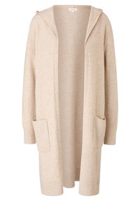 Long cardigan beige à ouverture devant, avec capuche, poignets côtelés et deux poches avant, en tissu tricoté doux.