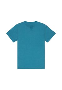 T-shirt à manches courtes couleur sarcelle, confectionné en coton doux, doté d'une coupe droite et d'un col rond côtelé. Design minimaliste sans logos visibles.