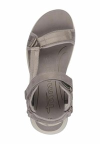 Gray sandal with adjustable straps in soft fabric and a rubber outsole. Features a contoured footbed and textured accents.