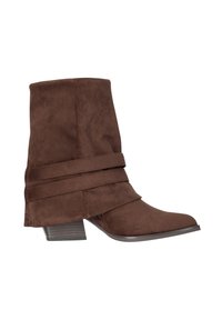 Brun ruskind støvle til midt på læggen med to ombånd, lav stablet hæl og let spids tå, vist i sideprofil.