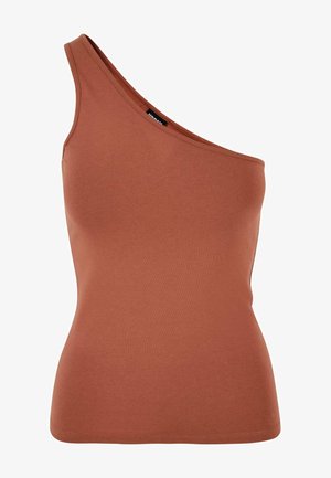 Asümmeetriline pruun tank top, mis on valmistatud venivast kangast, koos ühe õlapaelaga ja kehaõnnestava siluetiga.