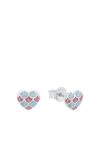 Orecchini a forma di cuore in argento, con accenti in smalto turchese e rosa, superficie testurizzata e chiusura a perno.
