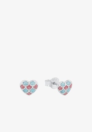 Boucles d'oreilles en forme de cœur en argent avec des accents en émail turquoise et rose, présentant une surface texturée et un fermoir à tige.