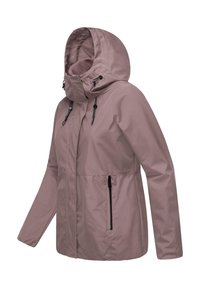 Chaqueta impermeable de color rosa claro con capucha, cremallera frontal y dos bolsillos laterales con cremalleras negras. Textura suave y cordones ajustables.