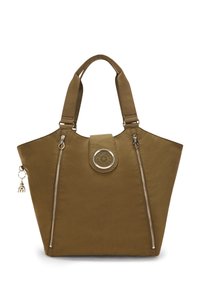 Brown synthetic tote bag with a wide opening, two top handles, silver zipper accents, and a round logo detail at the front.