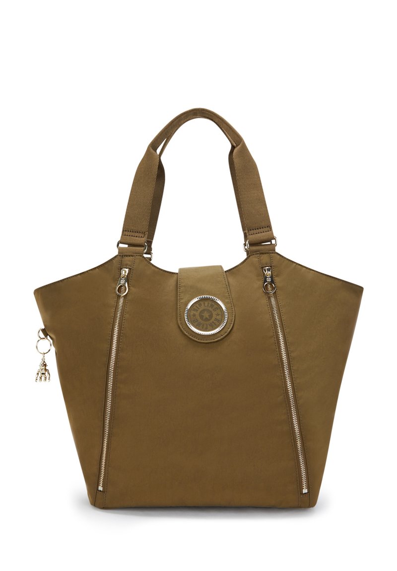 Brown synthetic tote bag with a wide opening, two top handles, silver zipper accents, and a round logo detail at the front.