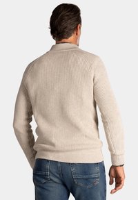 Beige geribbelde gebreide trui met lange mouwen, een ronde hals en een textuurafwerking, gecombineerd met blauwe spijkerbroek. Gezien vanuit de achterkant.