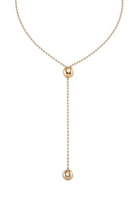 Collar de cuentas en tono dorado con un colgante central que presenta dos acentos esféricos. La cadena es delicada, con cuentas redondas espaciadas uniformemente.