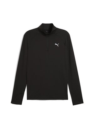 Schwarzer Sportpullover mit langen Ärmeln, halbem Reißverschluss und weißem Logo. Hergestellt aus glattem, dehnbarem Material mit Raglanärmeln für zusätzlichen Komfort.