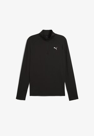 Zwart sportpull met lange mouwen en een halve rits kraag, voorzien van een wit logo. Gemaakt van soepel, rekbaar materiaal met raglanmouwen voor extra comfort.