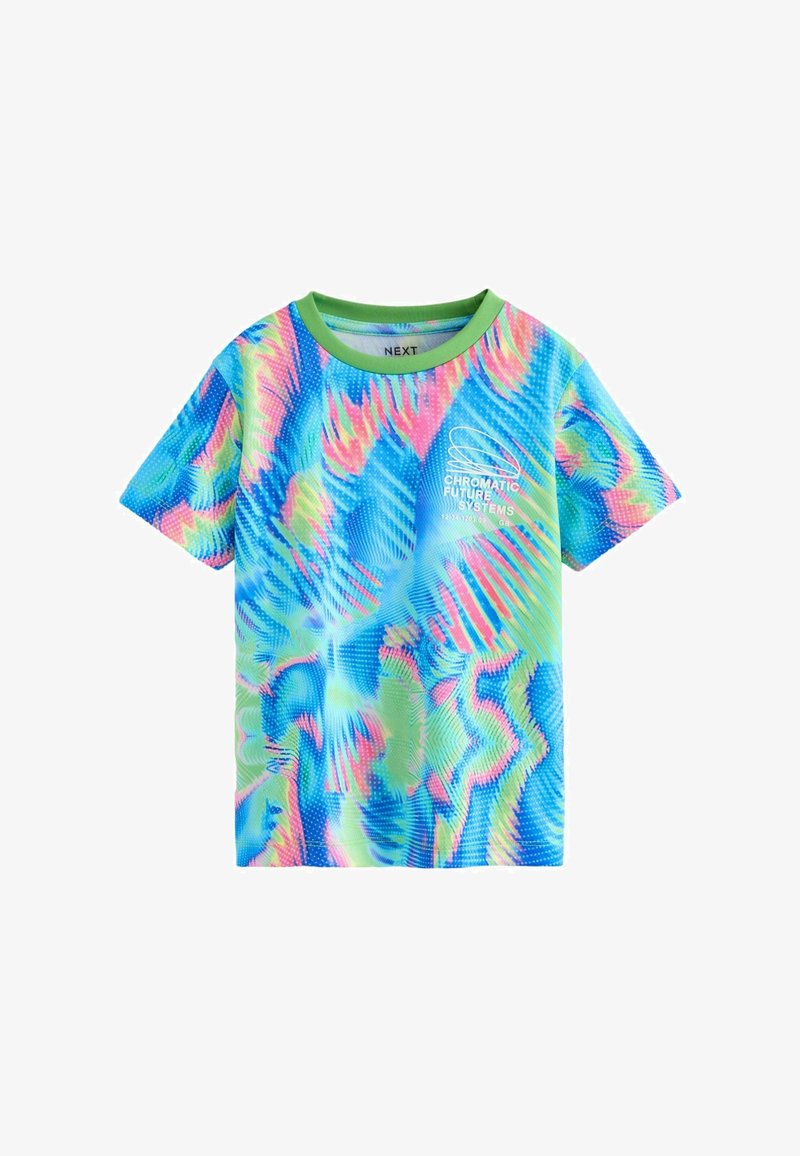 T-shirt à manches courtes avec un motif abstrait en bleu, vert et rose vif, un col rond et le texte "Systèmes Futurs Chromatiques".
