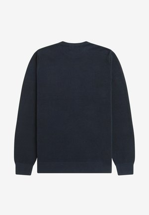 Marineblauer Strickpullover mit rundem Ausschnitt, langen Ärmeln sowie gerippten Bündchen und Saum. Strukturierter Stoff mit glatter Oberfläche.