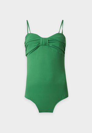 Maillot de bain une pièce vert avec fines bretelles et détails froncés au niveau de la poitrine, présenté sur un fond neutre.