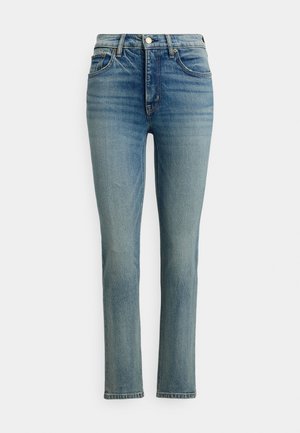 Light blue jeans with a straight leg cut, featuring a button closure, front pockets, and a subtle faded texture. Quality denim material.