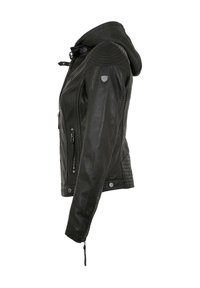 Schwarze Lederjacke mit grauem Kapuzenbesatz, gerippten Schulterakzenten, Reißverschlusstaschen und taillierter Passform. Enthält ein atmungsaktives Material.