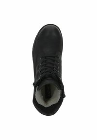 Botín negro con parte superior de cuero liso, cierre de cordones y forro suave. Cuenta con un zipper lateral para un acceso más fácil.