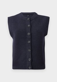 Cárdigan sin mangas de un oscuro tono azul marino con un escote redondo, que presenta seis botones negros en el centro y detalles de ribete en el dobladillo. Textura suave.