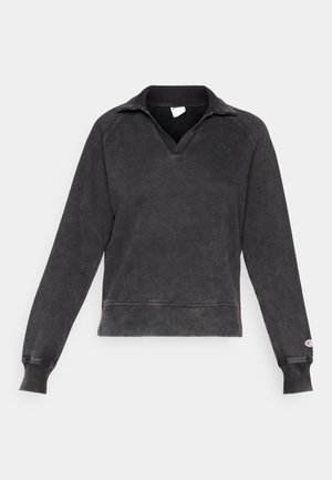 Dunkelgrauer Pullover-Sweatshirt aus weichem, strukturiertem Stoff. Verfügt über einen tiefen V-Ausschnitt, lange Ärmel und gerippte Bündchen, mit einem Logo auf der Brust.