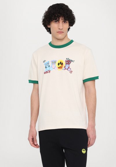 Beige short-sleeve t-shirt with green trim, featuring a graphic of colorful bears and a smiley face, printed with text phrases.