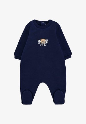 Romper in pile blu navy con maniche lunghe, caratterizzato da una grafica di orsetto e lettering del marchio. Design con piedi chiusi e toppe rotonde sui piedi.