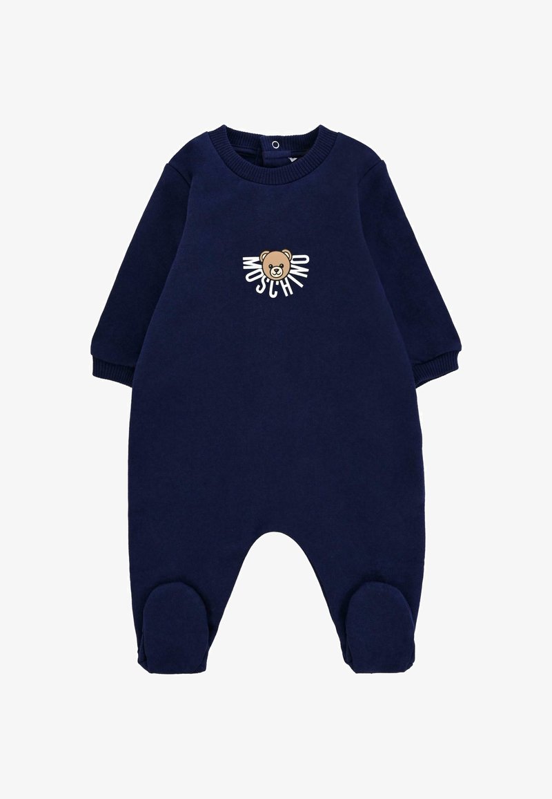 Romper in pile blu navy con maniche lunghe, caratterizzato da una grafica di orsetto e lettering del marchio. Design con piedi chiusi e toppe rotonde sui piedi.