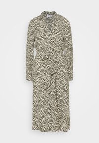 Abito a maniche lunghe in tessuto leggero; beige con macchie astratte nere, frontale con bottoni, vita cintata con cintura abbinata e colletto.