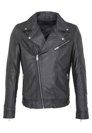 Black leather motorcycle jacket with a lapel collar, silver zippers, asymmetric front, and zippered pockets. Textured surface with seams.
