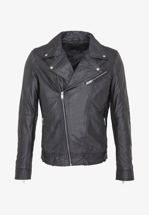 Černá kožená motocyklová bunda s klopovým límcem, stříbrnými zipy, asymetrickým předním dílem a kapsami na zip. Texturovaný povrch se švy.