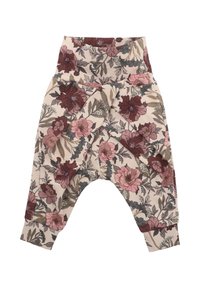 Dětské kalhoty s květinovým vzorem, vysokým páskem a širokými nohavicemi vyrobené z měkké látky v odstínech růžové, burgundy a zelené.