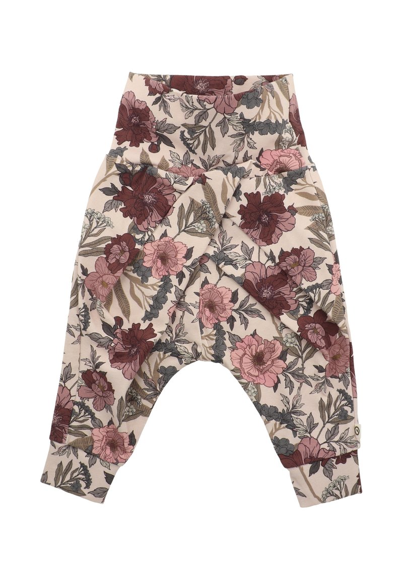 Dětské kalhoty s květinovým vzorem, vysokým páskem a širokými nohavicemi vyrobené z měkké látky v odstínech růžové, burgundy a zelené.