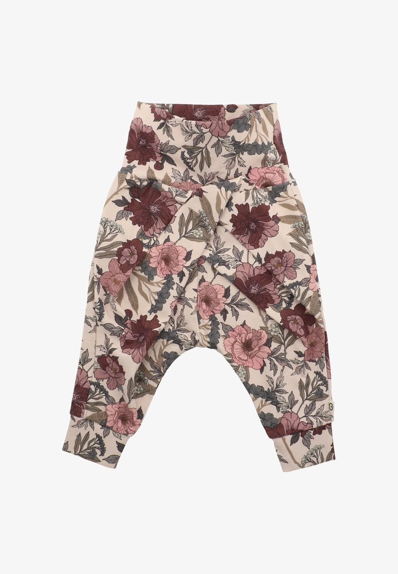 Dětské kalhoty s květinovým vzorem, vysokým páskem a širokými nohavicemi vyrobené z měkké látky v odstínech růžové, burgundy a zelené.