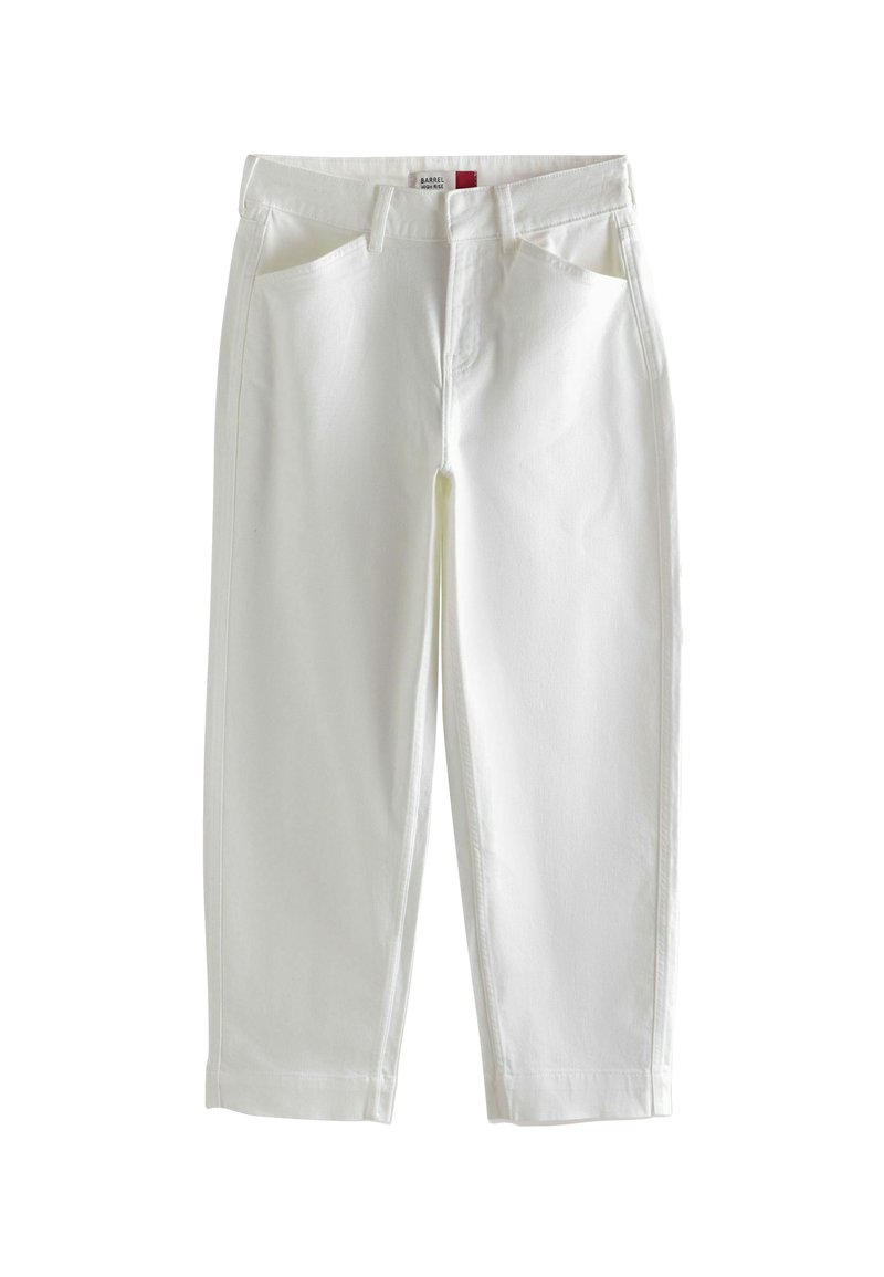 Valkoiset farkkuhousut suoralla leikkauksella, etutaskuilla ja vetoketjullisella etuosalla. Sileä pinta, kaksinkertainen saumaommel saumoissa.