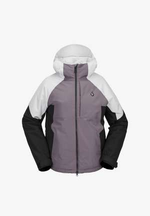 Outdoor jacket with a lavender body, black sleeves, and white shoulder panels. Features a zip closure, hood, and a logo on the chest.