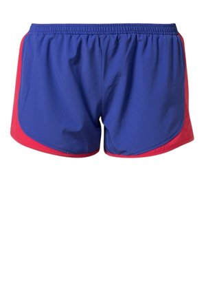 Short de sport bleu avec des panneaux latéraux rouges et une taille élastique, conçu pour la course ou un usage décontracté.
