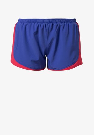Short de sport bleu avec des panneaux latéraux rouges et une taille élastique, conçu pour la course ou un usage décontracté.