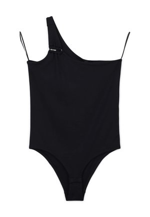 Maillot de bain une pièce noir avec un design asymétrique, présentant une bretelle et un détail de clip pour un soutien supplémentaire. Texture de tissu lisse.