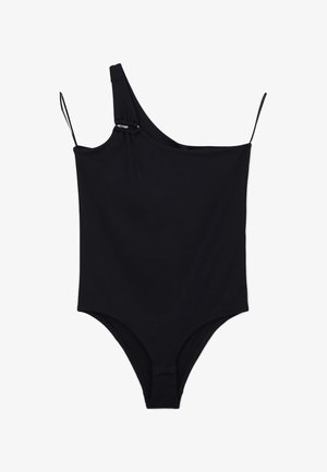 Maillot de bain une pièce noir avec un design asymétrique, présentant une bretelle et un détail de clip pour un soutien supplémentaire. Texture de tissu lisse.