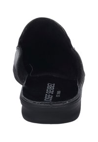 Black slide sandal with a smooth leather upper, open back, contoured footbed, and textured insole. Features branding inside.