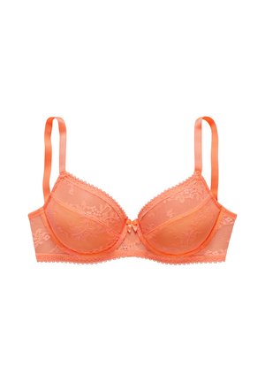 Coral orange lace bra with underwire, adjustable straps, and a small front bow detail on a white background.