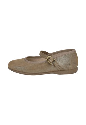 Zapato plano Mary Jane de ante marrón con correa ajustable y hebilla de metal, punta redondeada y tacón bajo.