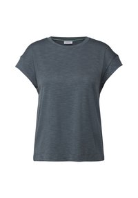 Short-sleeve, dark gray top with a textured finish, round neckline, and relaxed fit. Material appears lightweight and breathable.